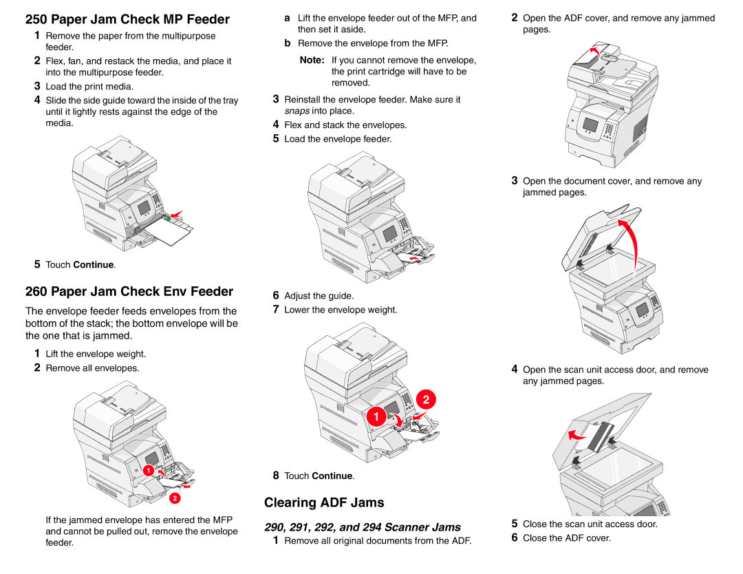 Lexmark X642 manual Paper Jam Check MP Feeder, Paper Jam Check Env Feeder, Clearing ADF Jams 