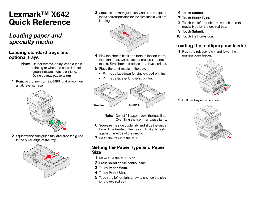 Lexmark X642 manual Loading paper and specialty media, Loading standard trays and optional trays 