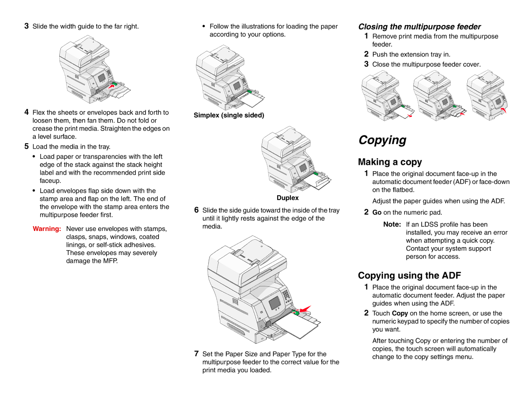 Lexmark X642 manual Making a copy, Copying using the ADF, Simplex single sided, Duplex 