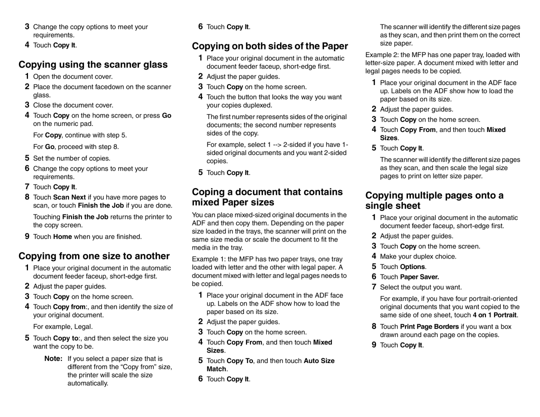 Lexmark X642 manual Copying from one size to another, Copying on both sides of the Paper, Touch Paper Saver 