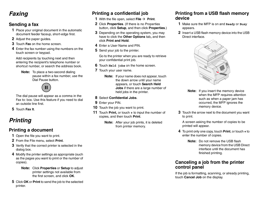 Lexmark X642 manual Faxing, Printing 