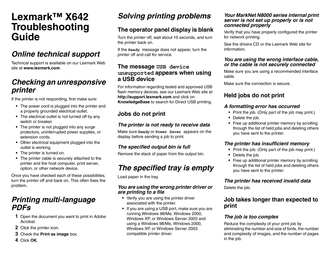 Lexmark X642 manual Online technical support Checking an unresponsive printer, Solving printing problems 