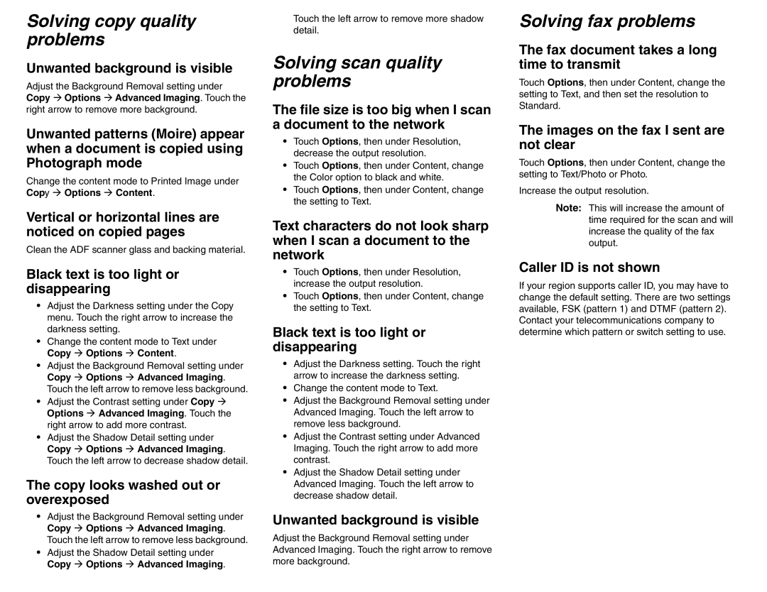 Lexmark X642 manual Solving copy quality problems, Solving scan quality problems, Solving fax problems 