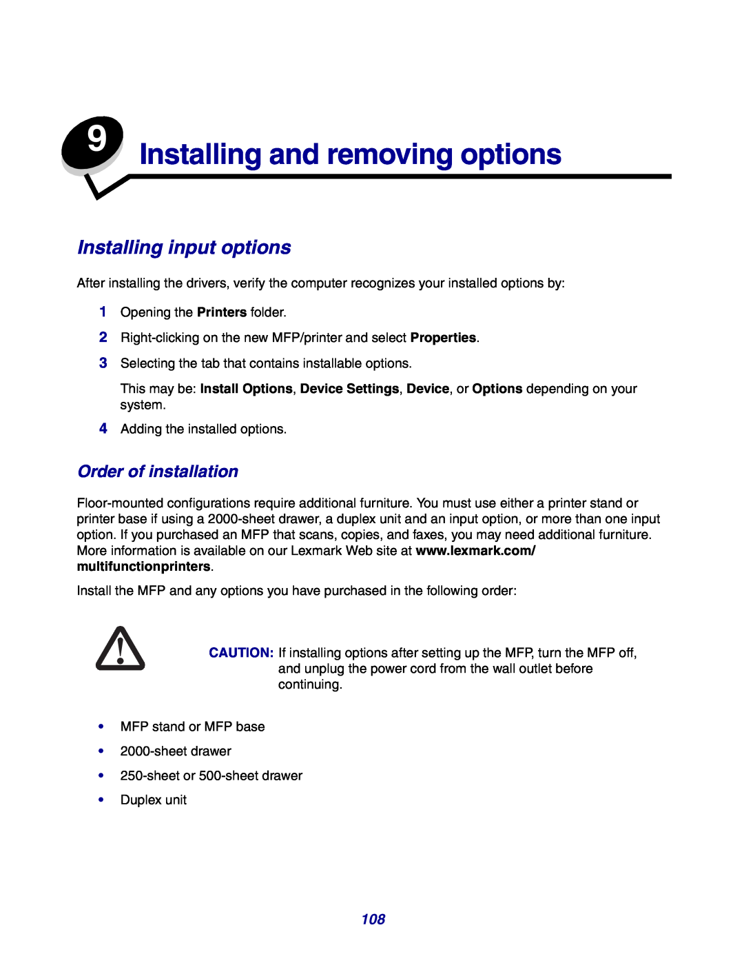 Lexmark X642e manual Installing and removing options, Installing input options, Order of installation 