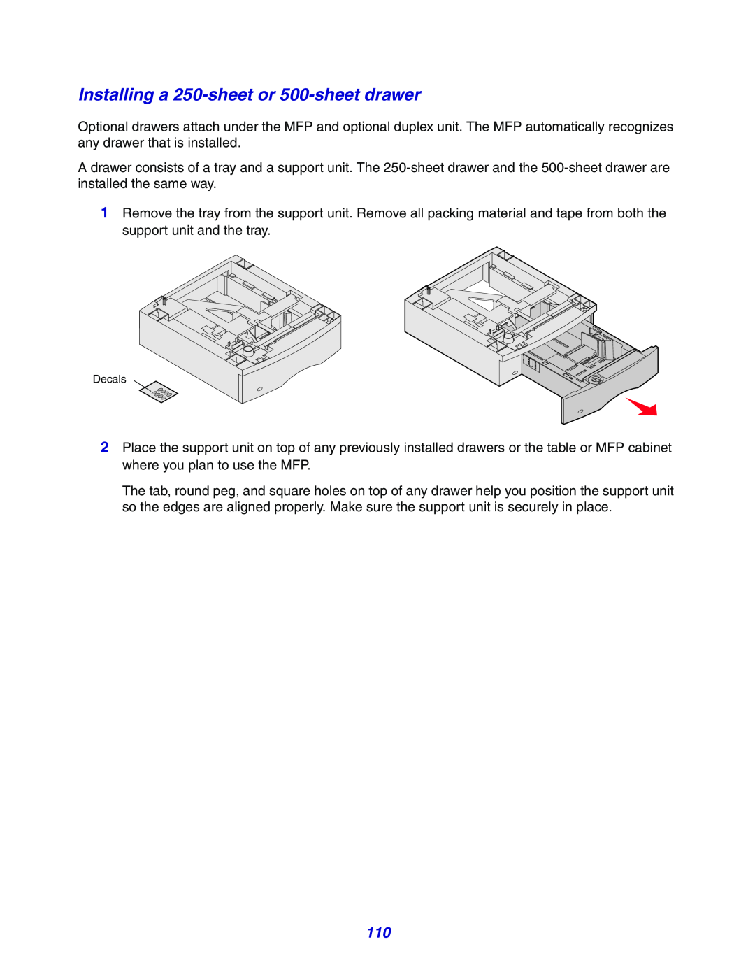 Lexmark X642e manual Installing a 250-sheet or 500-sheet drawer, Decals 