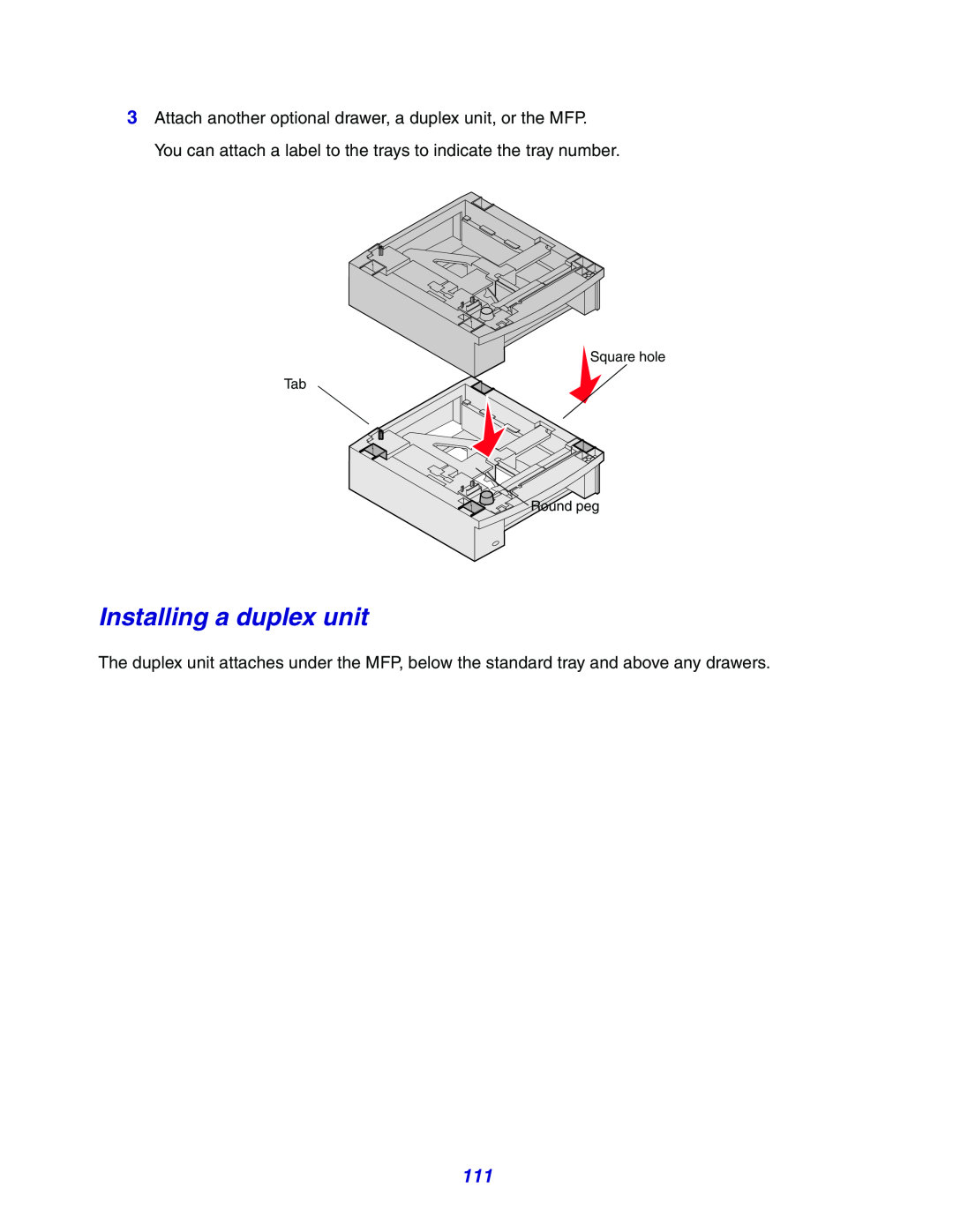 Lexmark X642e manual Installing a duplex unit, Square hole Tab Round peg 