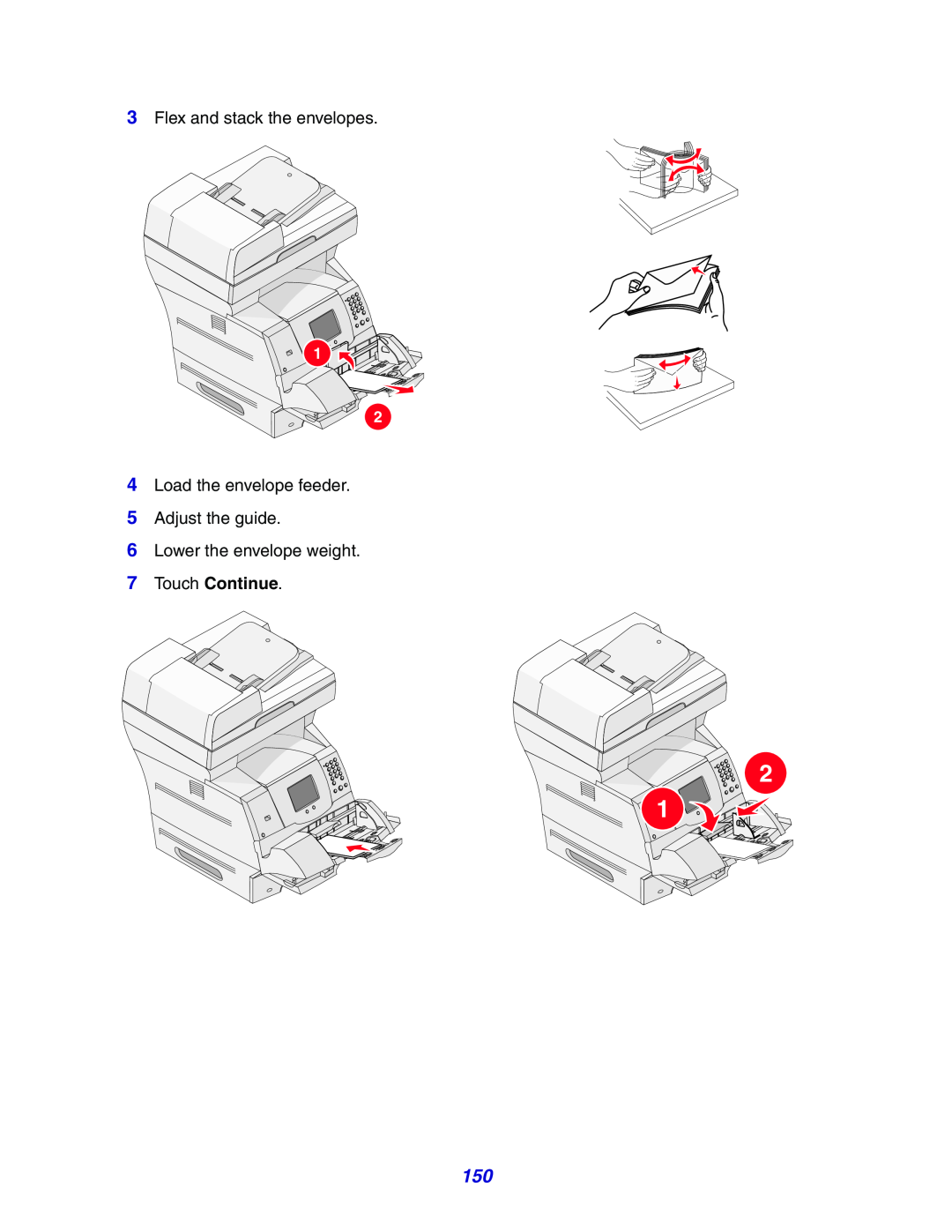 Lexmark X642e manual Touch Continue, Flex and stack the envelopes, Load the envelope feeder 5 Adjust the guide 