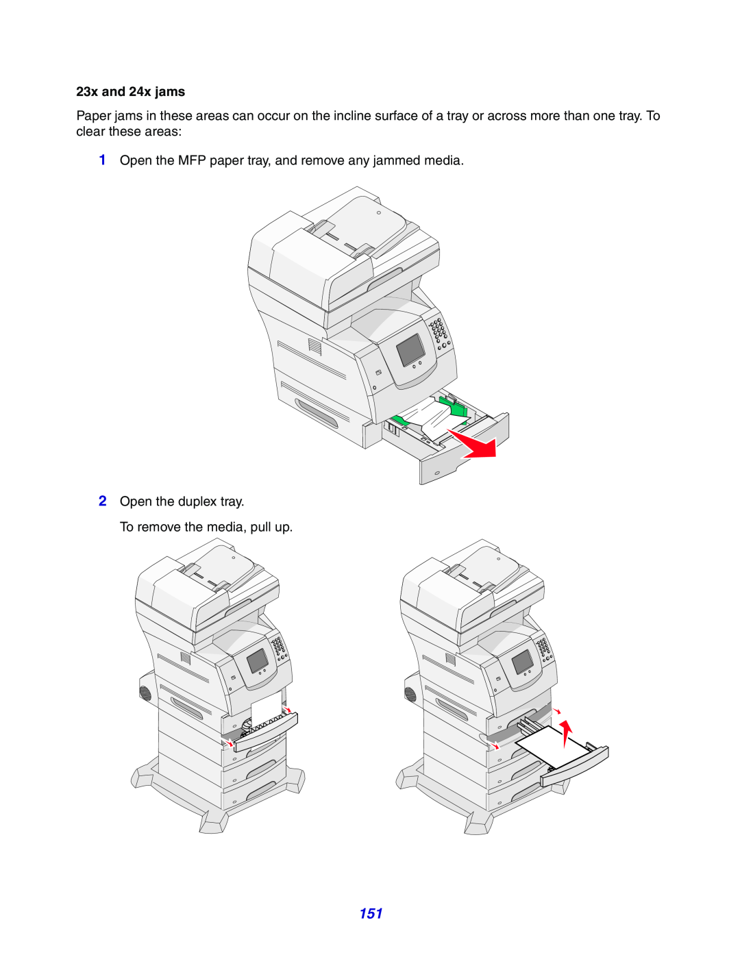 Lexmark X642e manual 23x and 24x jams, Open the MFP paper tray, and remove any jammed media 