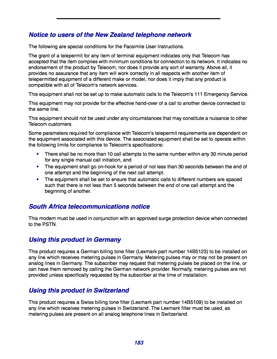 Lexmark X642e manual Notice to users of the New Zealand telephone network, South Africa telecommunications notice 
