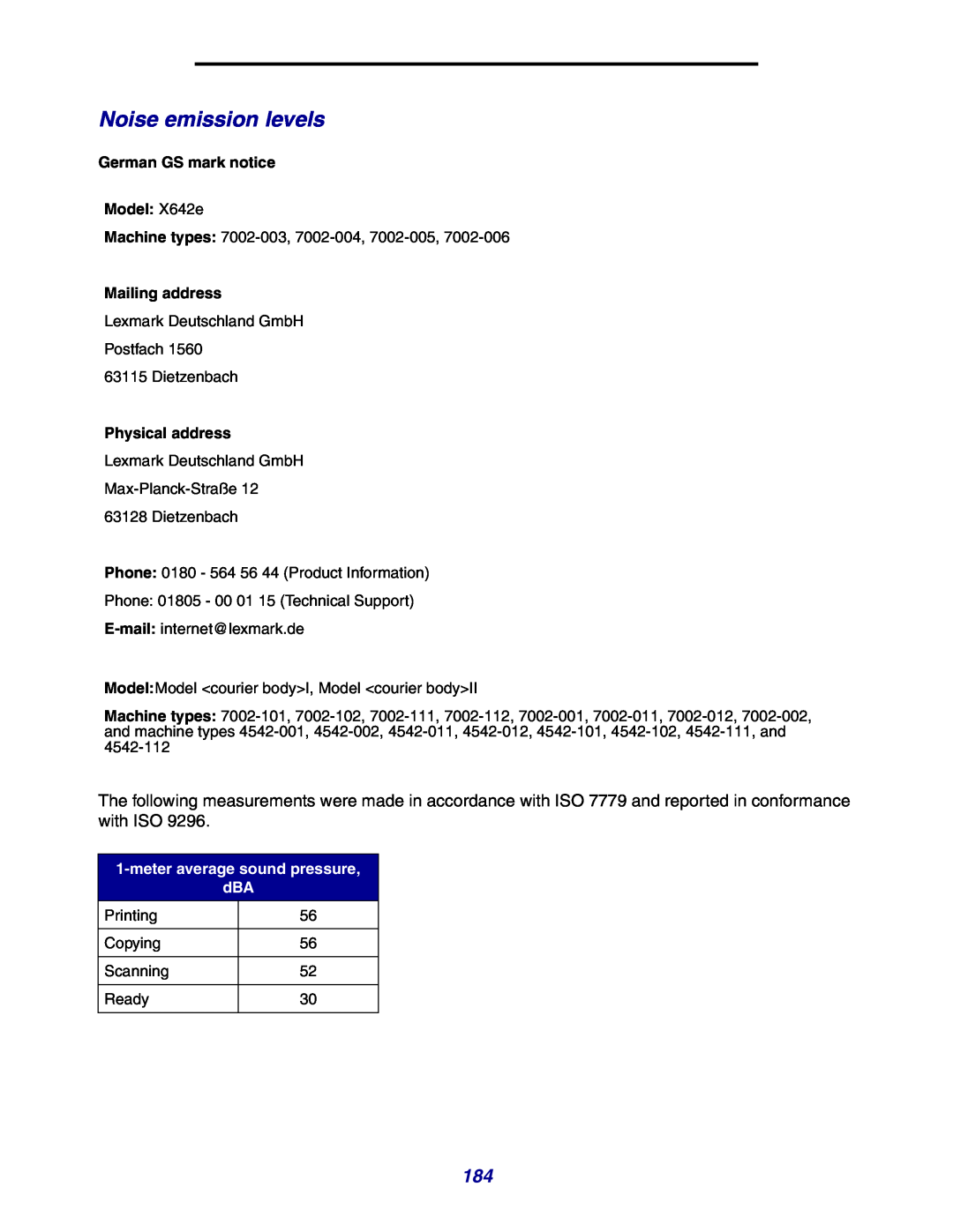 Lexmark manual Noise emission levels, German GS mark notice Model X642e, Mailing address, Physical address 