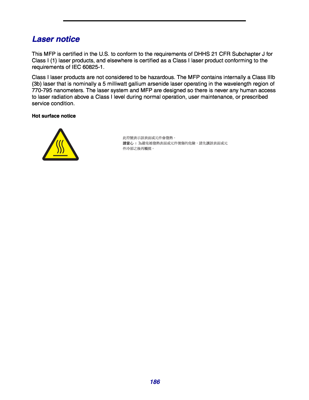 Lexmark X642e manual Laser notice, Hot surface notice 