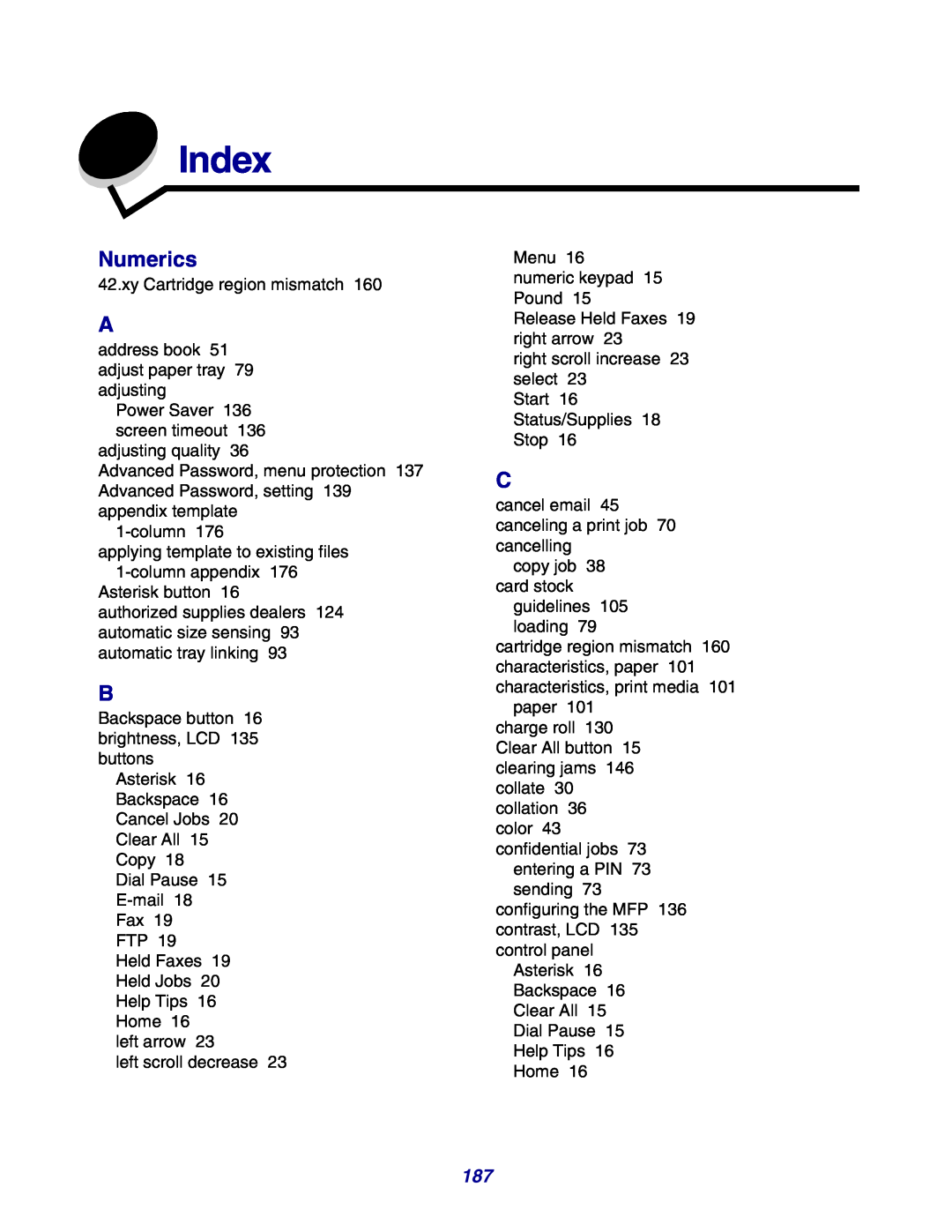 Lexmark X642e manual Index, Numerics 