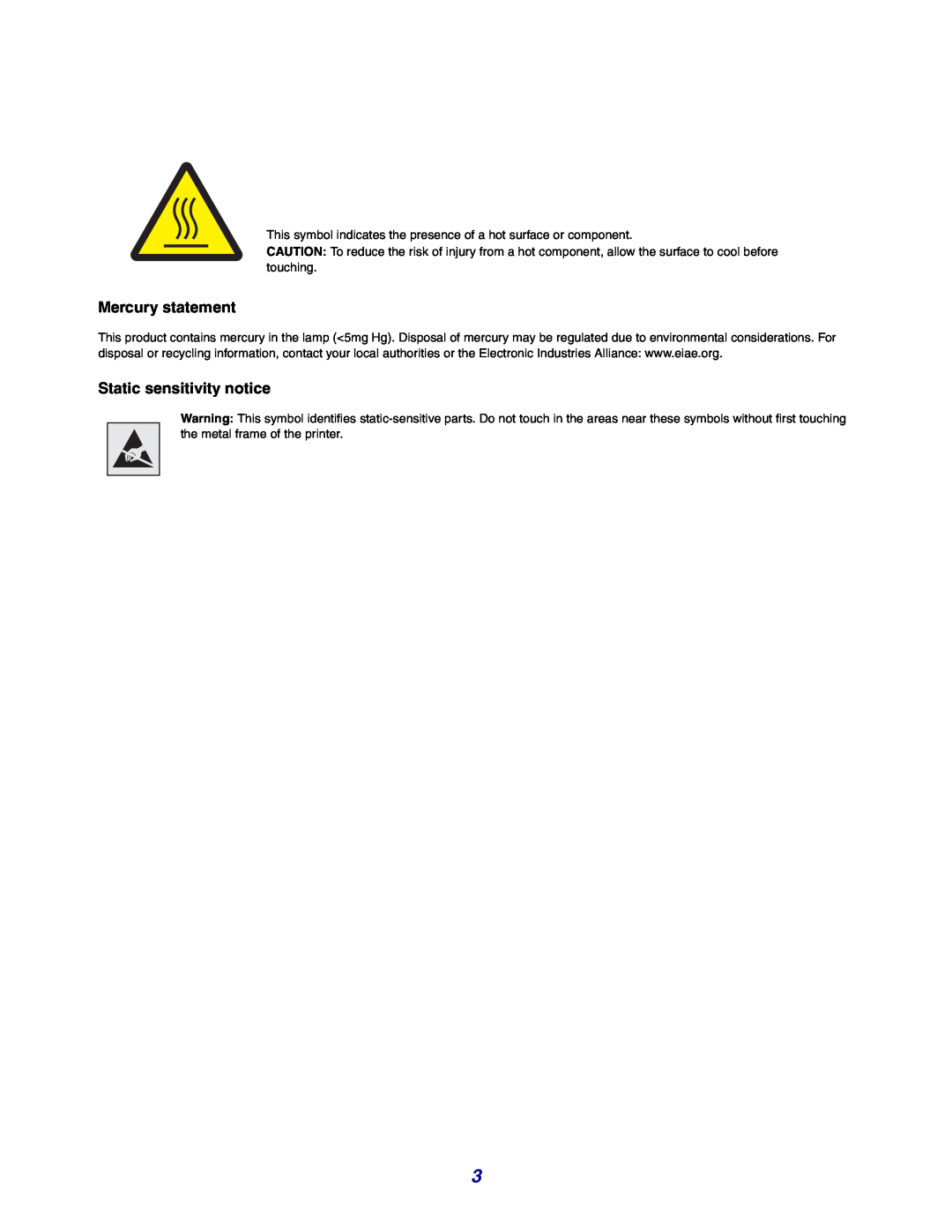 Lexmark X642e manual Mercury statement, Static sensitivity notice 