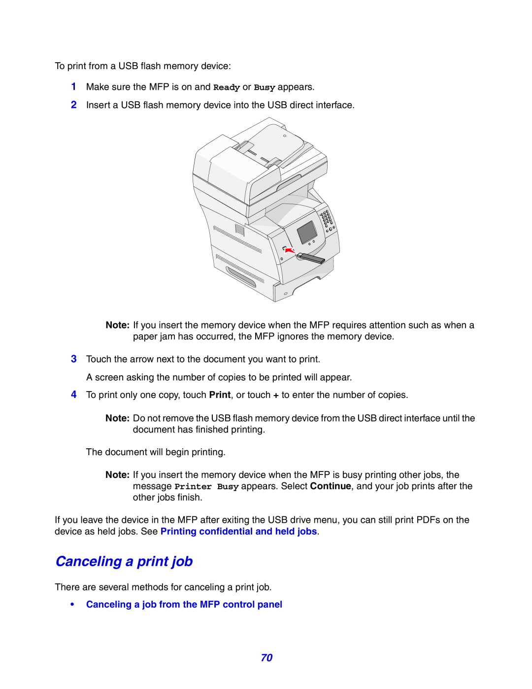 Lexmark X642e manual Canceling a print job, Canceling a job from the MFP control panel 