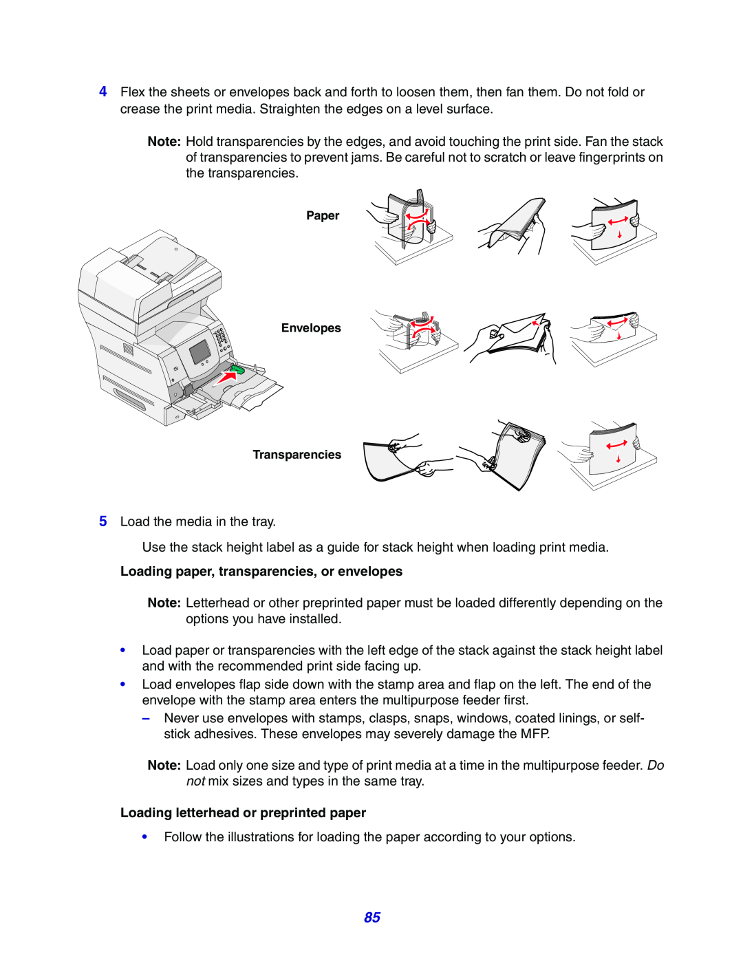 Lexmark X642e manual Loading paper, transparencies, or envelopes, Loading letterhead or preprinted paper 