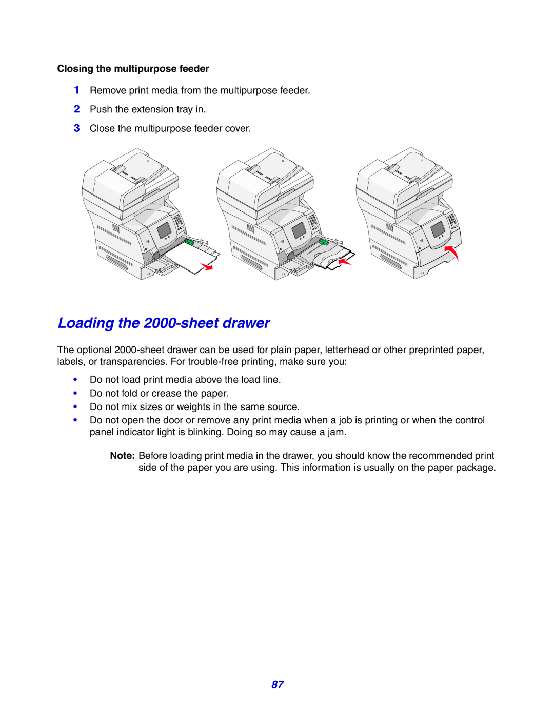 Lexmark X642e manual Loading the 2000-sheet drawer, Closing the multipurpose feeder 