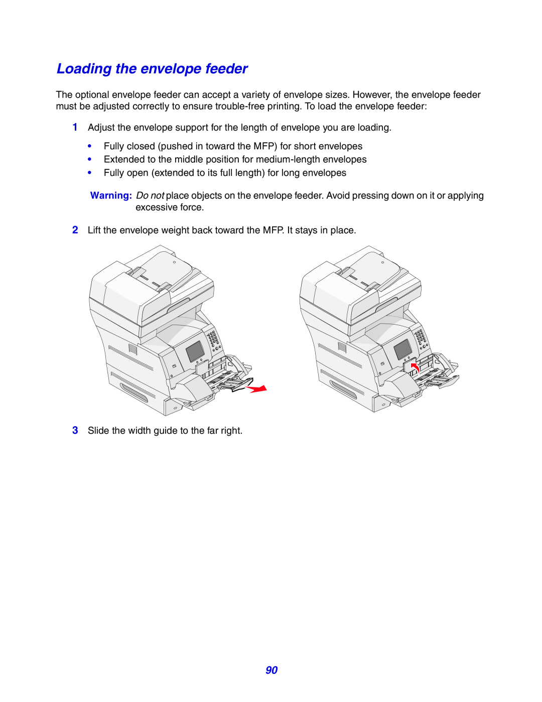 Lexmark X642e manual Loading the envelope feeder 