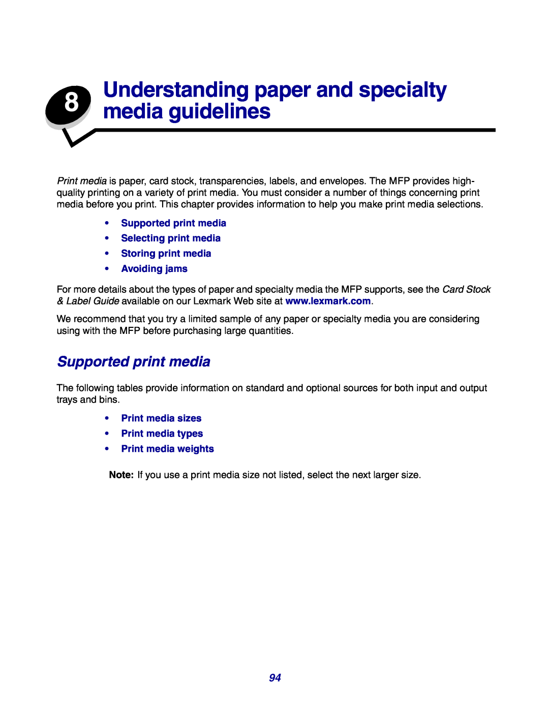 Lexmark X642e manual Understanding paper and specialty 8 media guidelines, Supported print media, Avoiding jams 