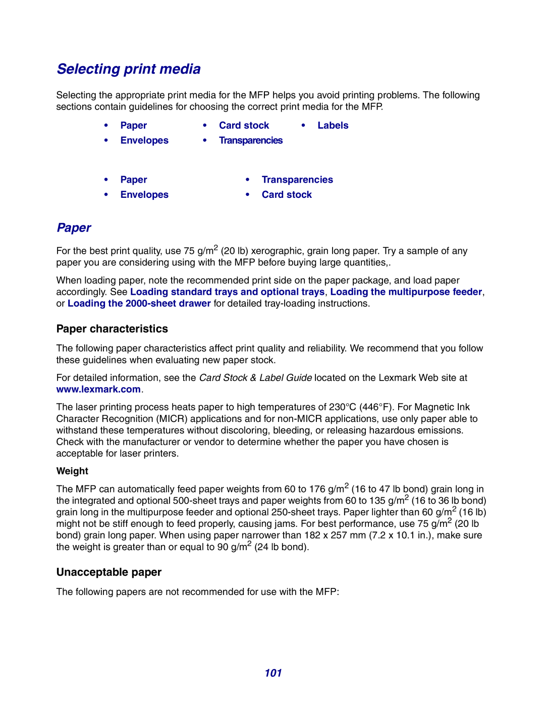 Lexmark X642e manual Selecting print media, Paper, 101, Weight 