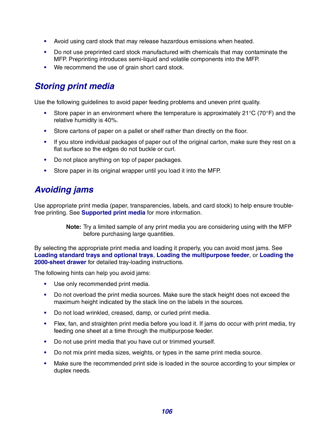 Lexmark X642e manual Storing print media, Avoiding jams, 106 