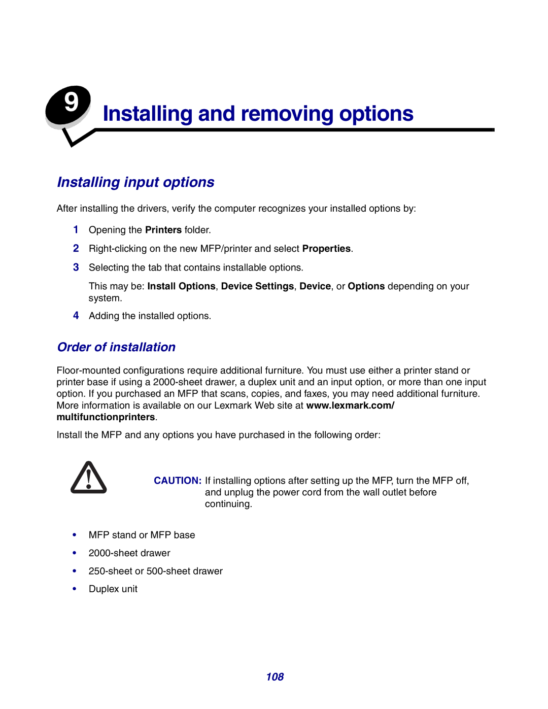 Lexmark X642e manual Installing input options, Order of installation, 108 