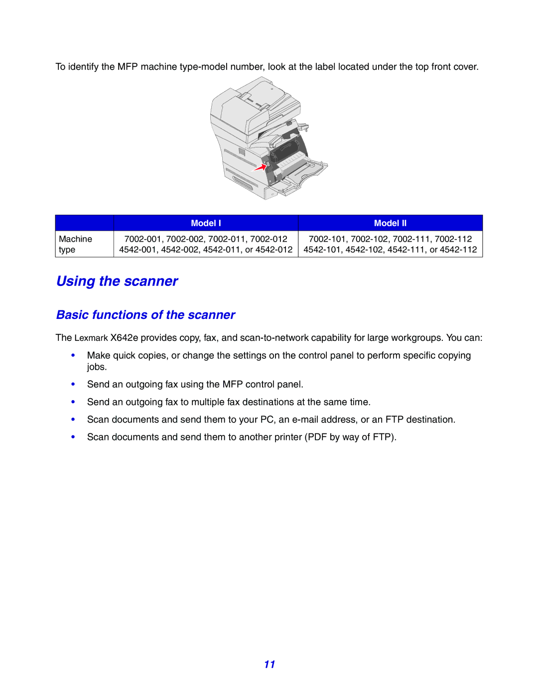 Lexmark X642e manual Using the scanner, Basic functions of the scanner, Model 