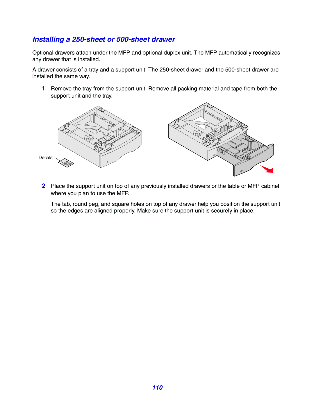 Lexmark X642e manual Installing a 250-sheet or 500-sheet drawer, 110 