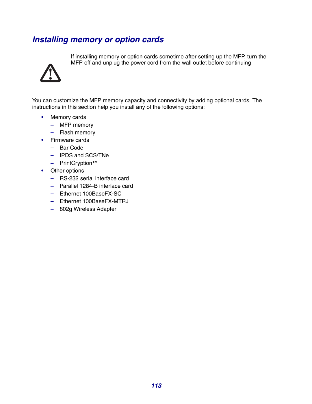 Lexmark X642e manual Installing memory or option cards, 113 