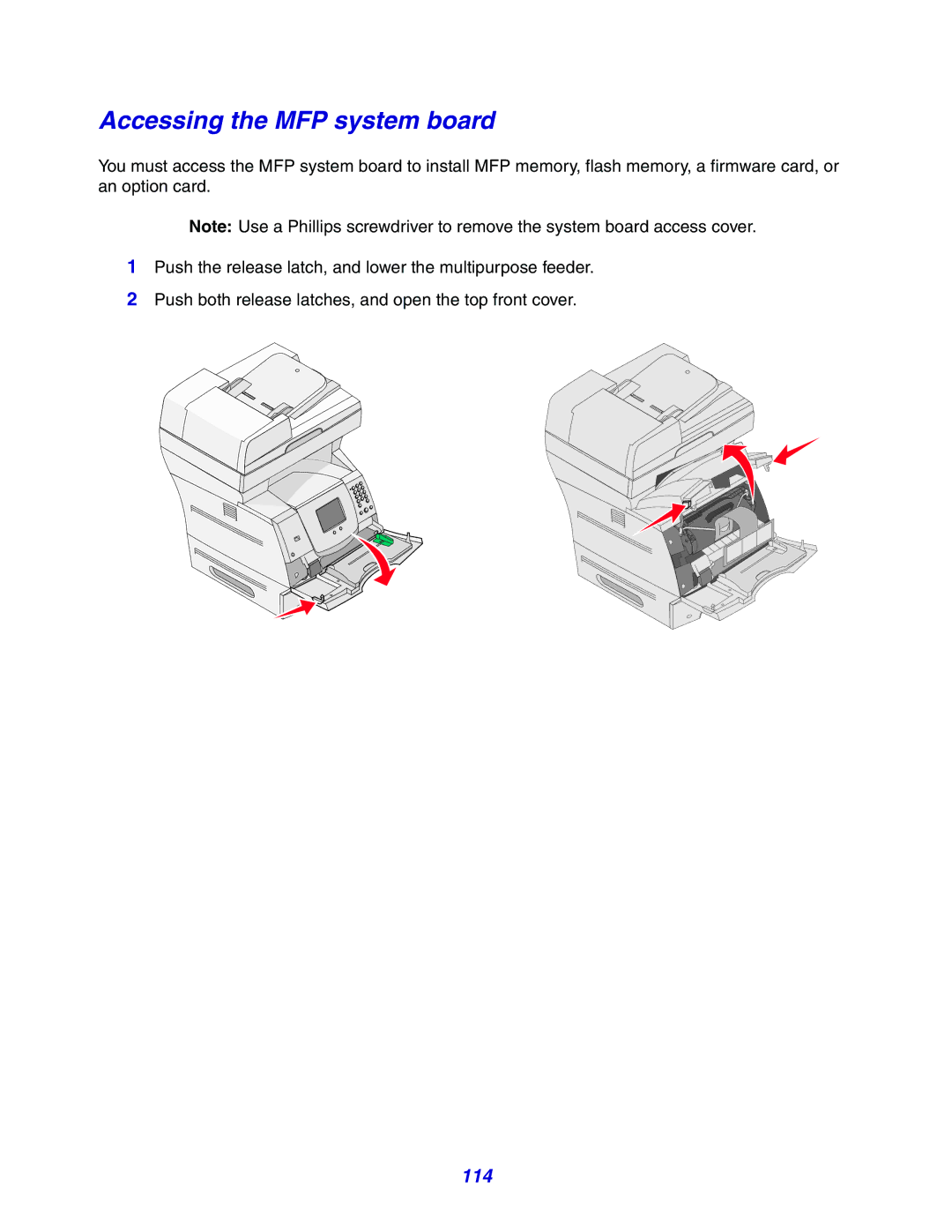 Lexmark X642e manual Accessing the MFP system board, 114 