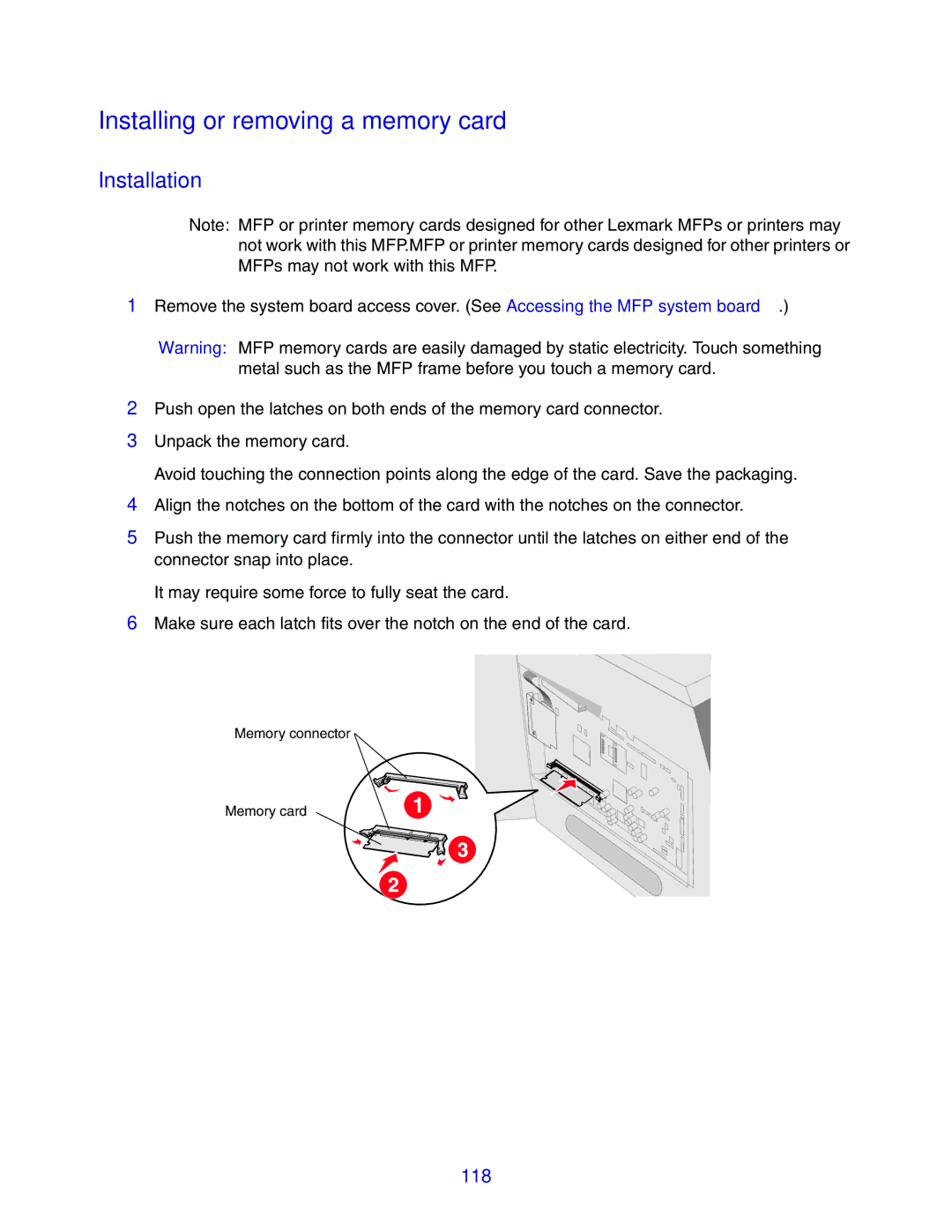 Lexmark X642e manual Installing or removing a memory card, Installation 