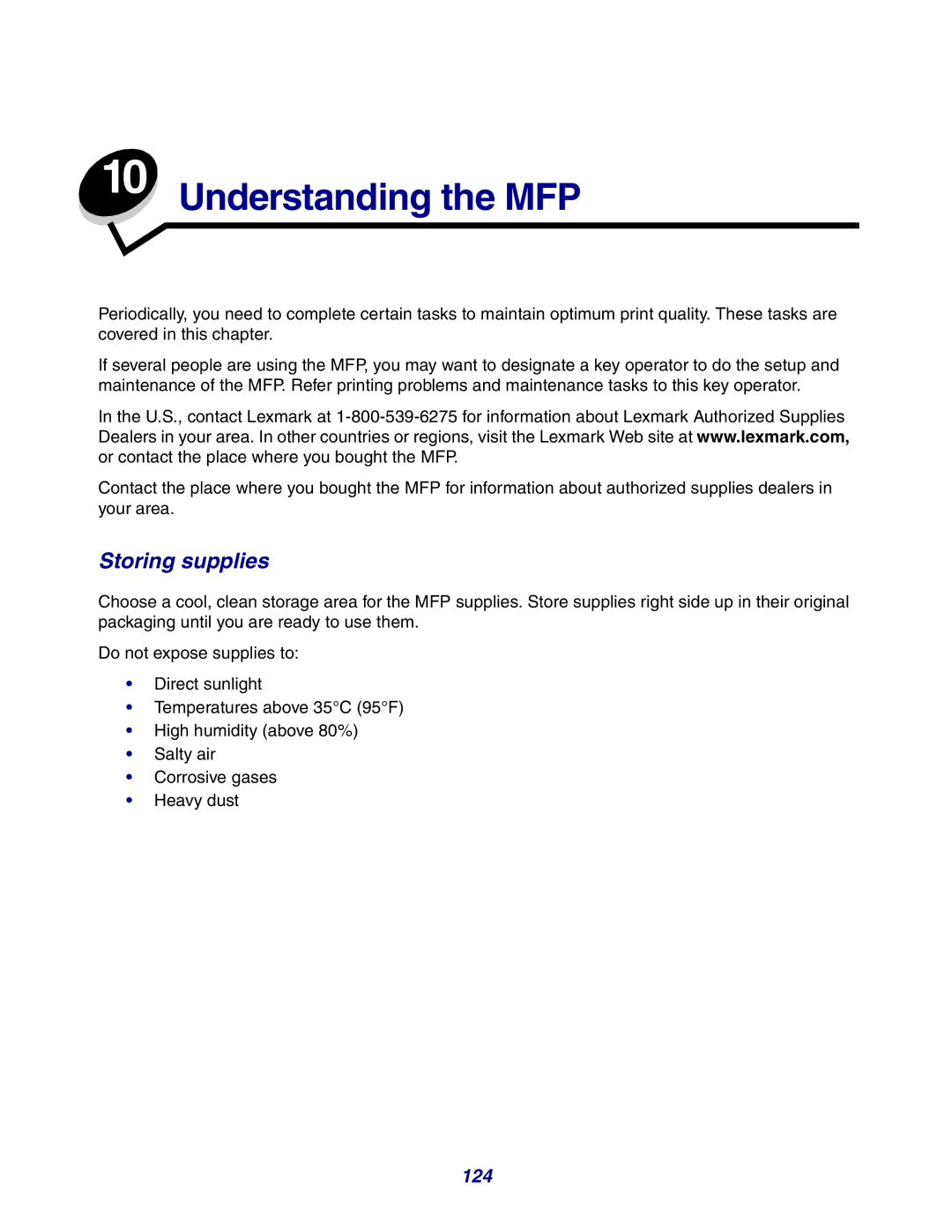 Lexmark X642e manual Storing supplies, 124 