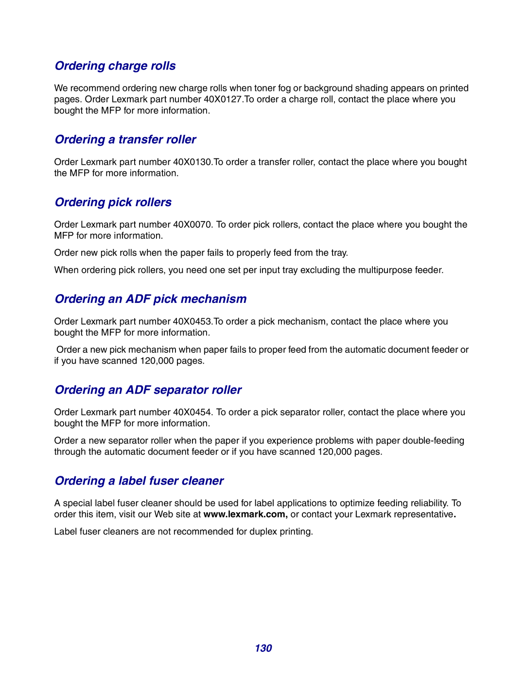 Lexmark X642e Ordering charge rolls, Ordering a transfer roller, Ordering pick rollers, Ordering an ADF pick mechanism 
