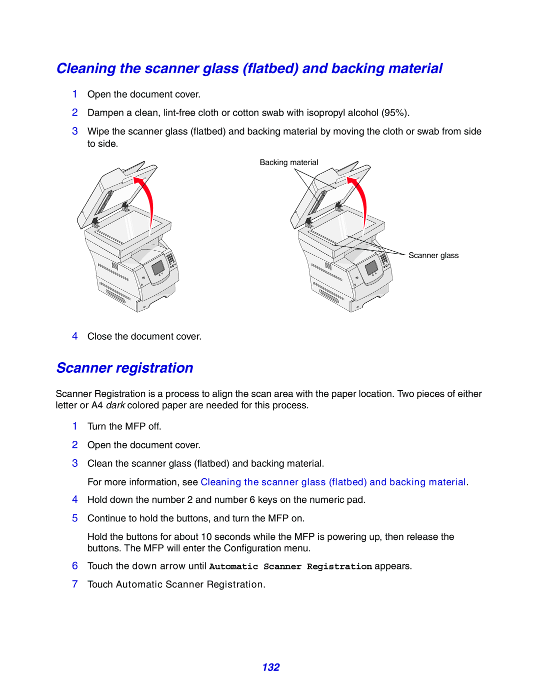 Lexmark X642e manual Cleaning the scanner glass flatbed and backing material, Scanner registration, 132 