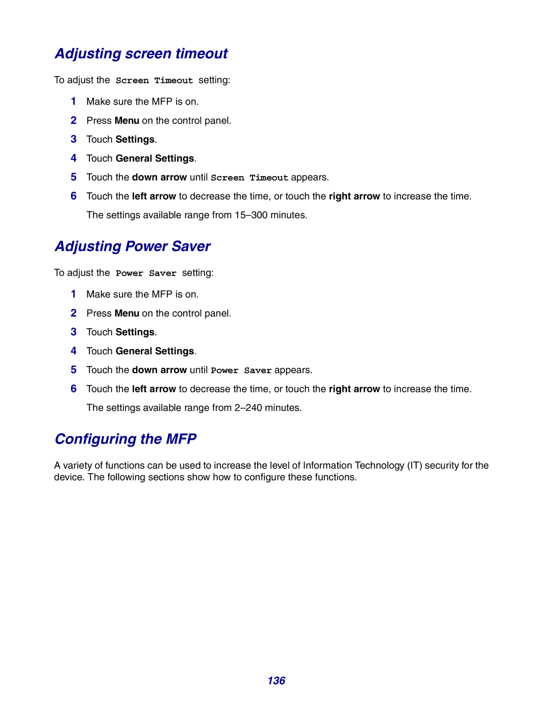 Lexmark X642e manual Adjusting screen timeout, Adjusting Power Saver, Configuring the MFP, 136 