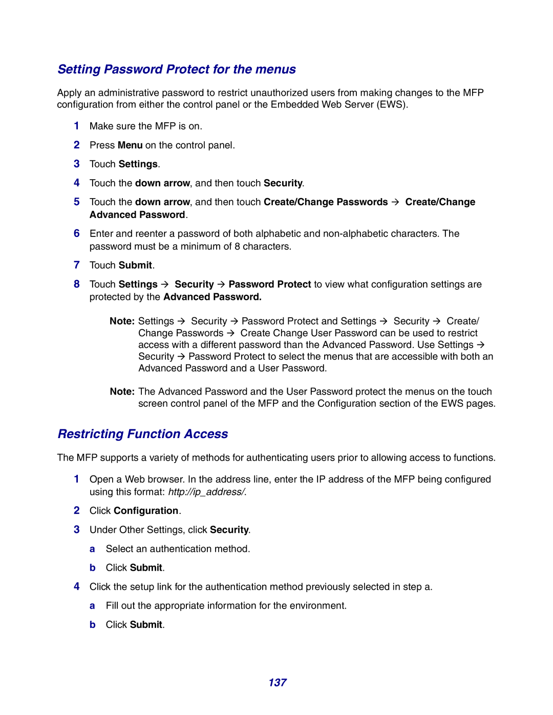 Lexmark X642e manual Setting Password Protect for the menus, Restricting Function Access, 137, Touch Settings 