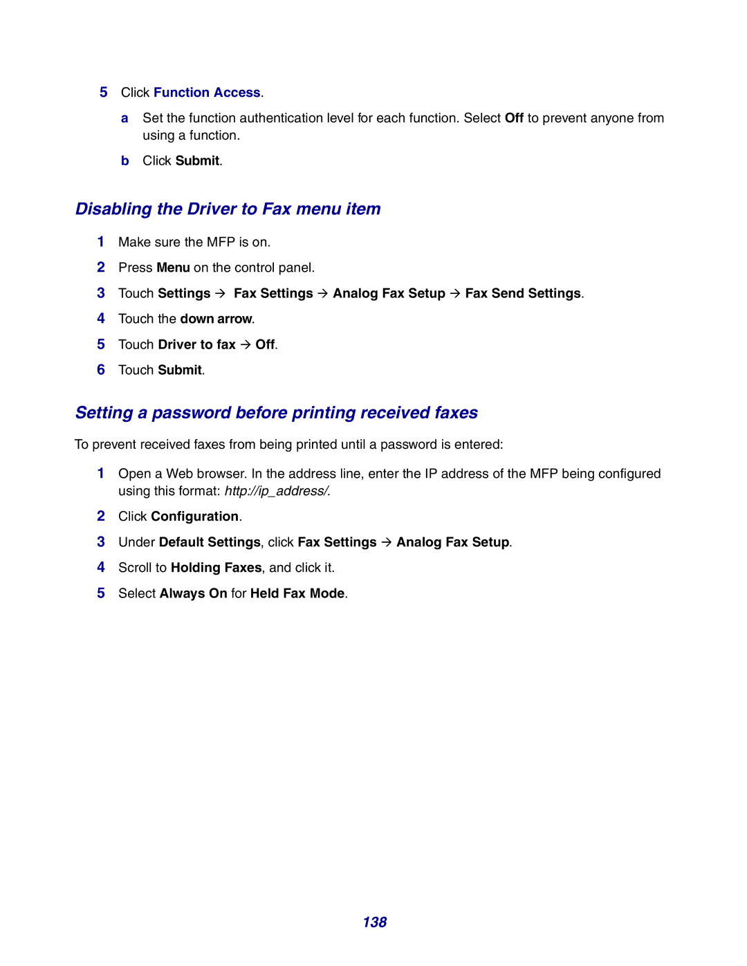 Lexmark X642e manual Disabling the Driver to Fax menu item, Setting a password before printing received faxes, 138 