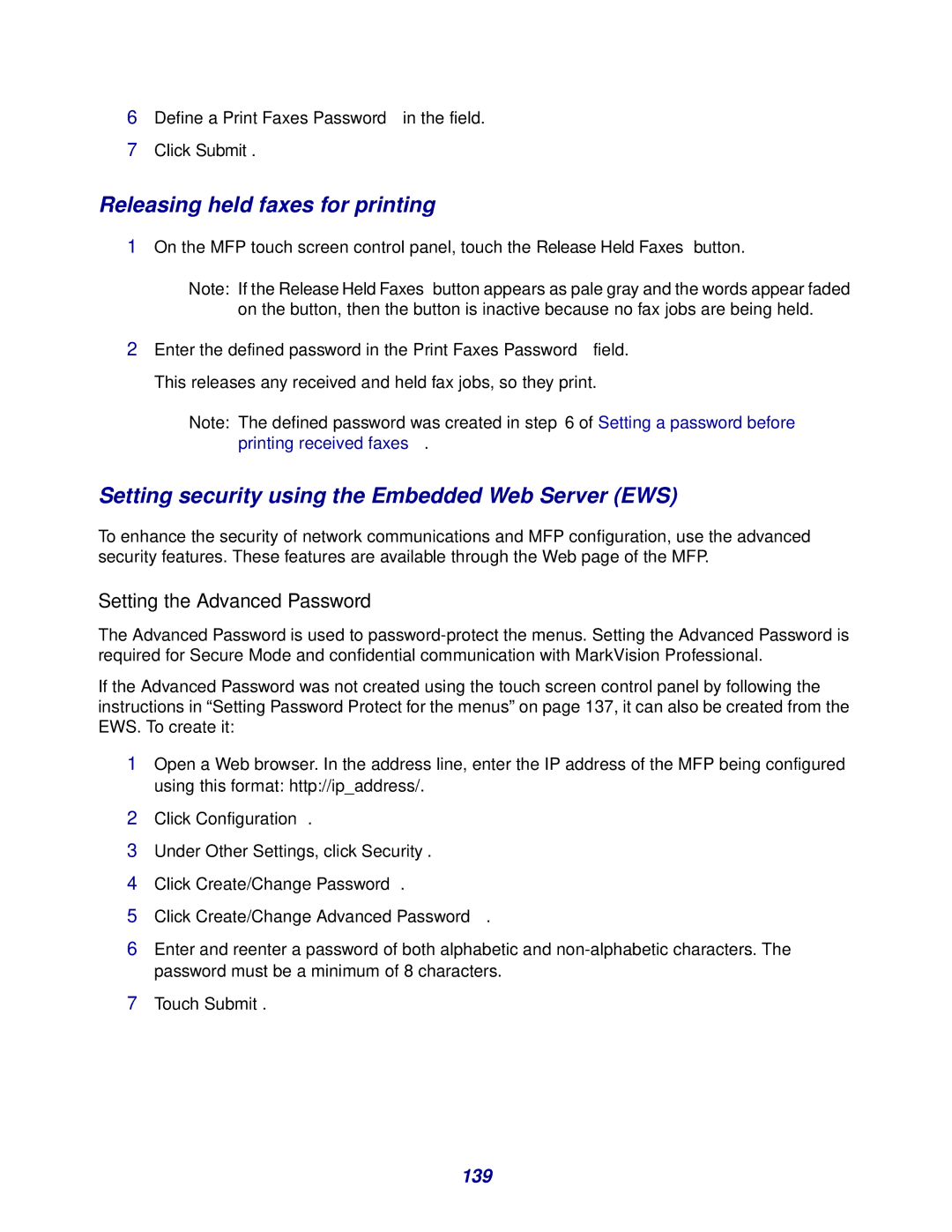 Lexmark X642e manual Releasing held faxes for printing, Setting security using the Embedded Web Server EWS, 139 