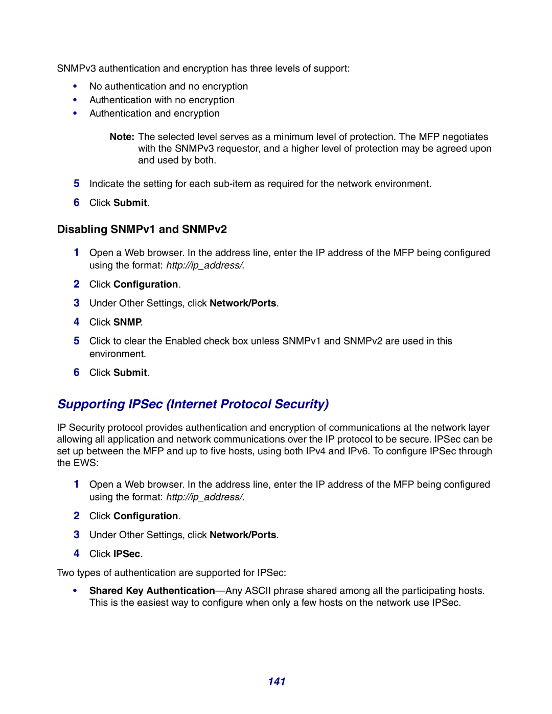 Lexmark X642e manual Supporting IPSec Internet Protocol Security, 141 