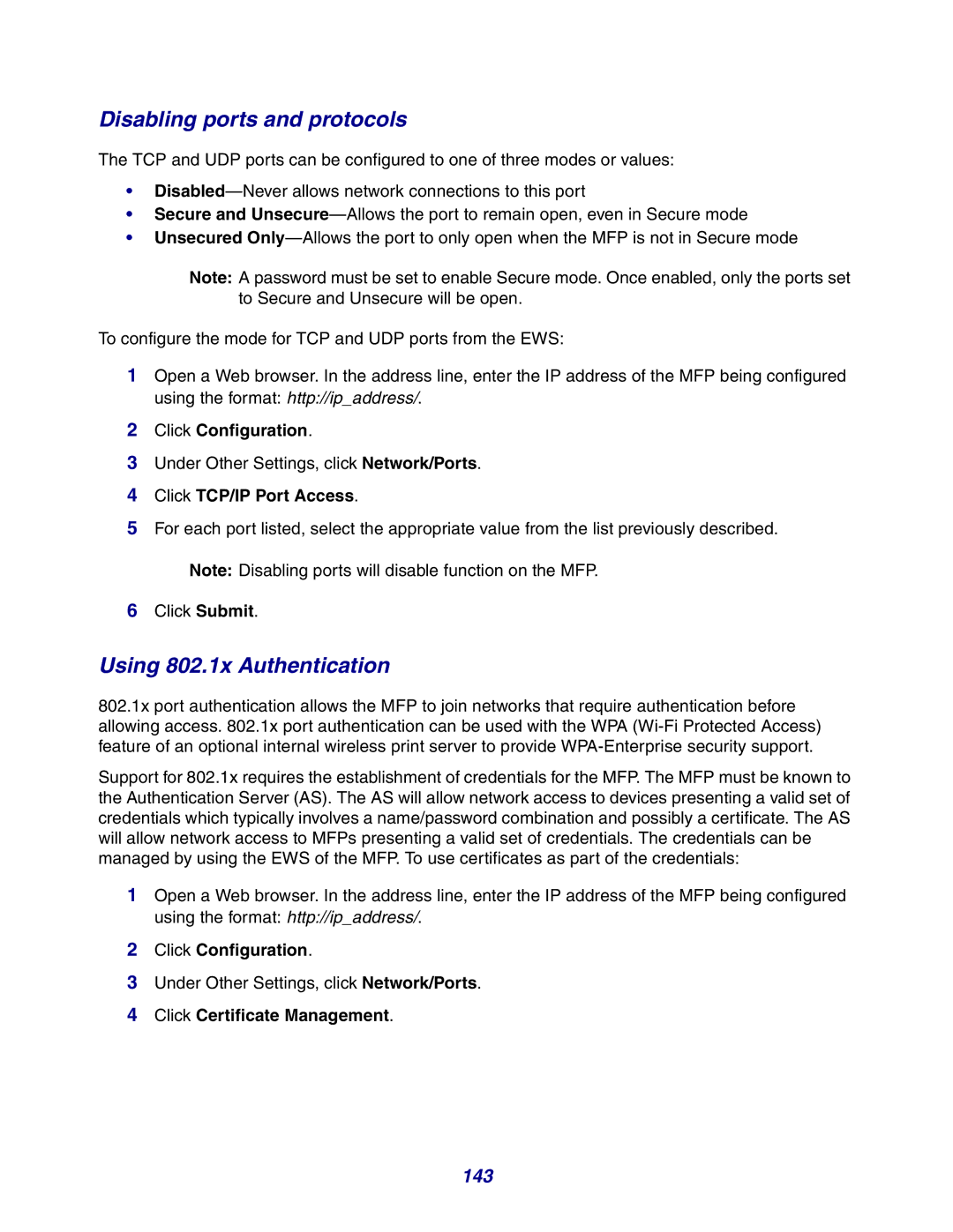 Lexmark X642e manual Disabling ports and protocols, Using 802.1x Authentication, 143, Click TCP/IP Port Access 