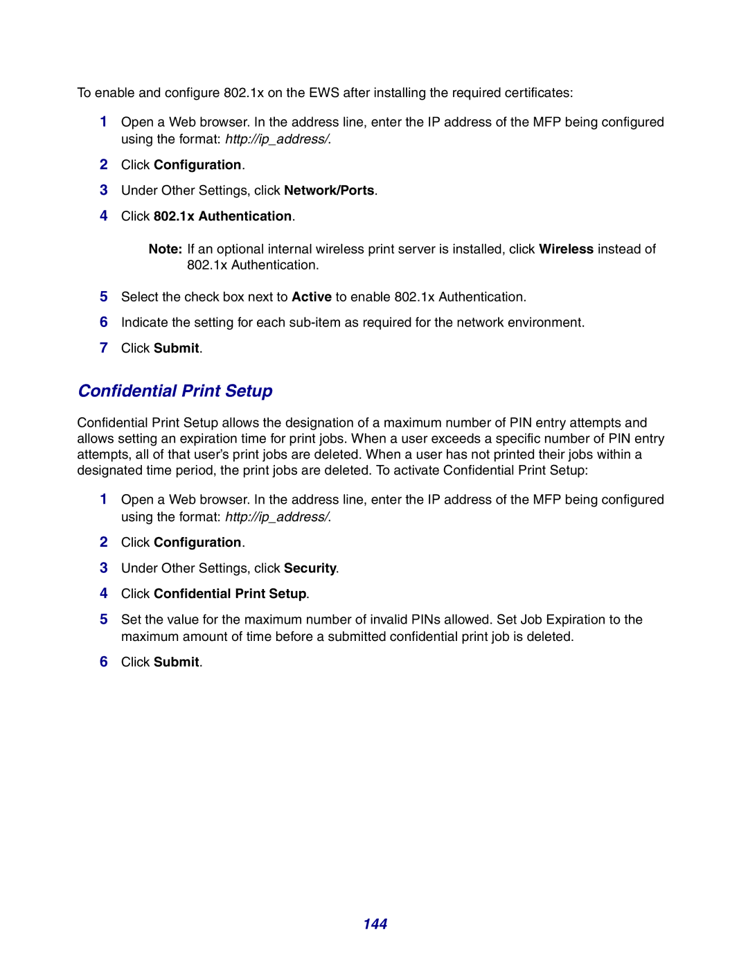 Lexmark X642e manual 144, Click 802.1x Authentication, Click Confidential Print Setup 