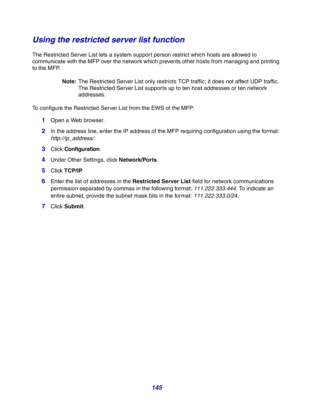 Lexmark X642e manual Using the restricted server list function, 145 