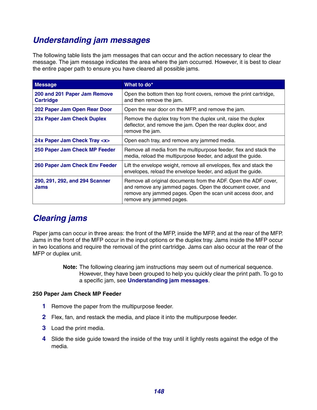 Lexmark X642e manual Understanding jam messages, Clearing jams, 148, Paper Jam Check MP Feeder, Message What to do 