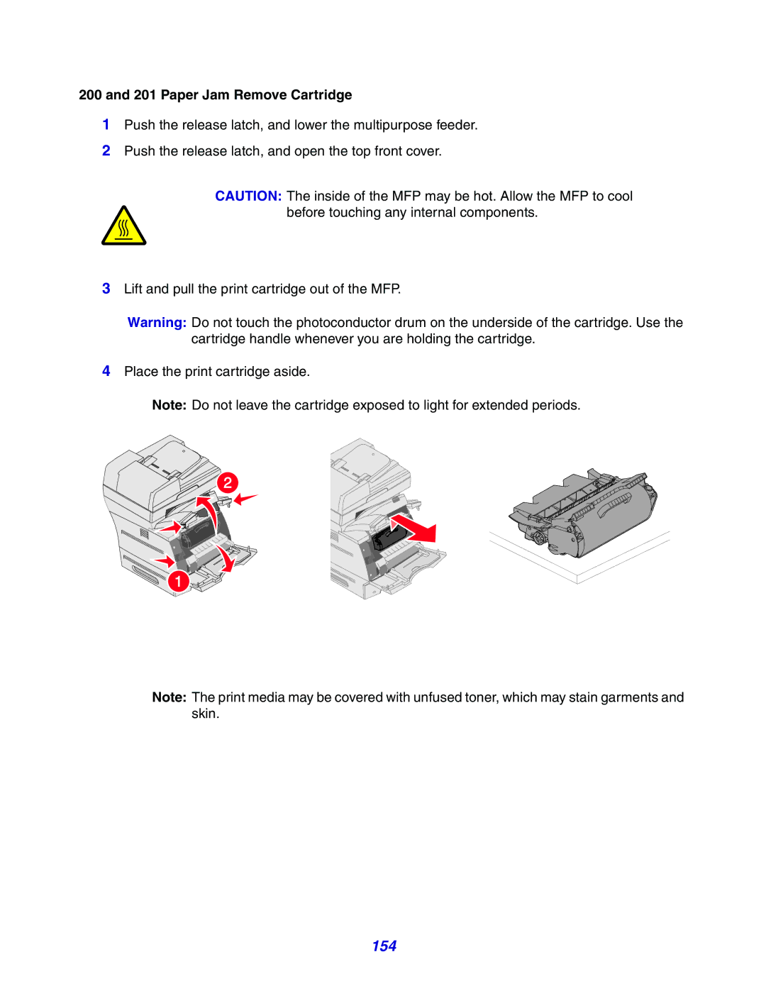 Lexmark X642e manual 154, Paper Jam Remove Cartridge 