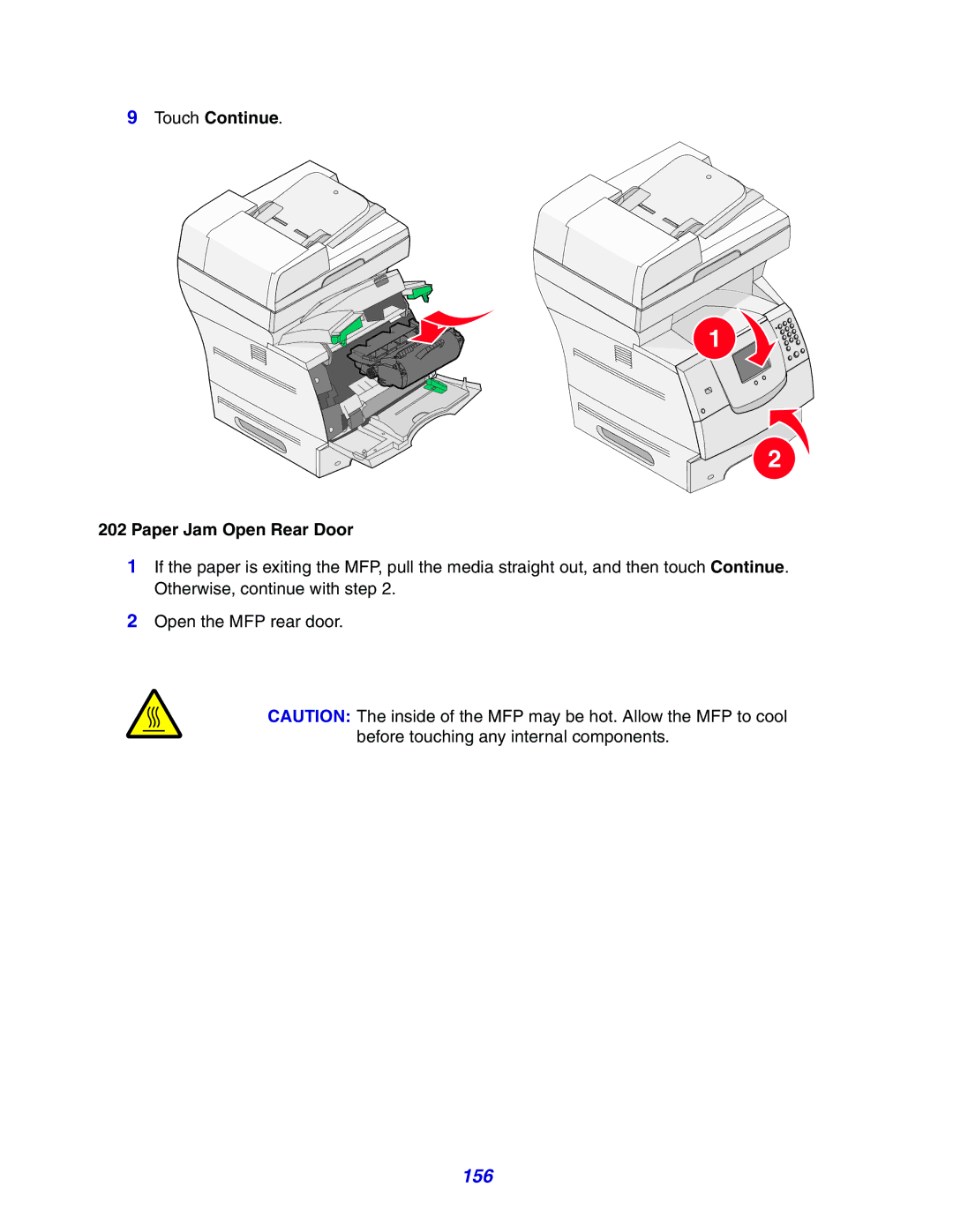 Lexmark X642e manual 156, Touch Continue Paper Jam Open Rear Door 