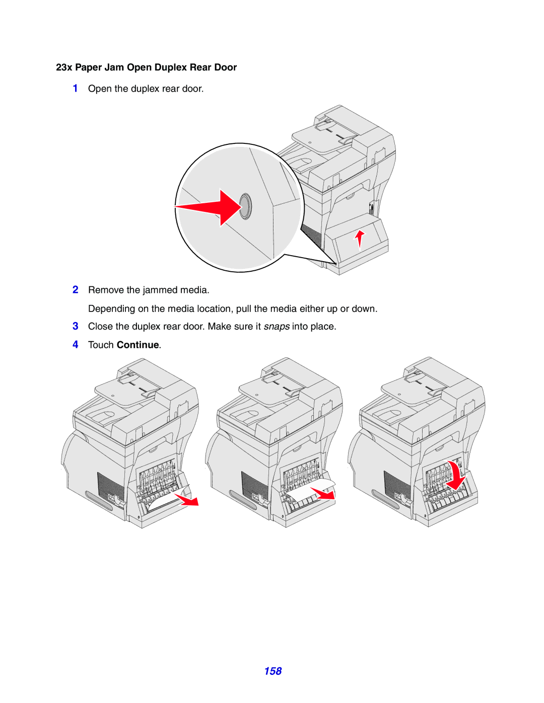 Lexmark X642e manual 158, 23x Paper Jam Open Duplex Rear Door 