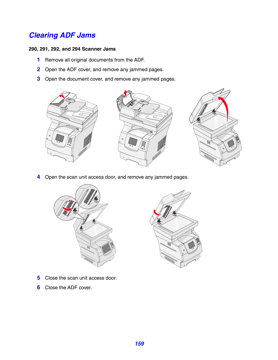 Lexmark X642e manual Clearing ADF Jams, 159, 290, 291, 292, and 294 Scanner Jams 