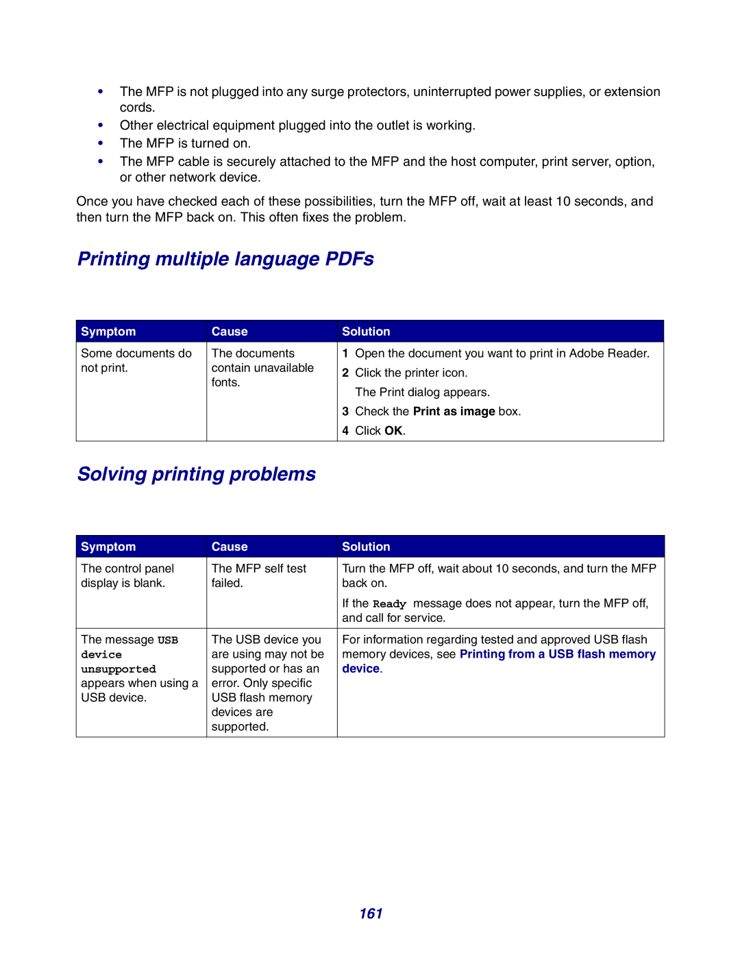 Lexmark X642e manual Solving printing problems, 161, Symptom Cause Solution 