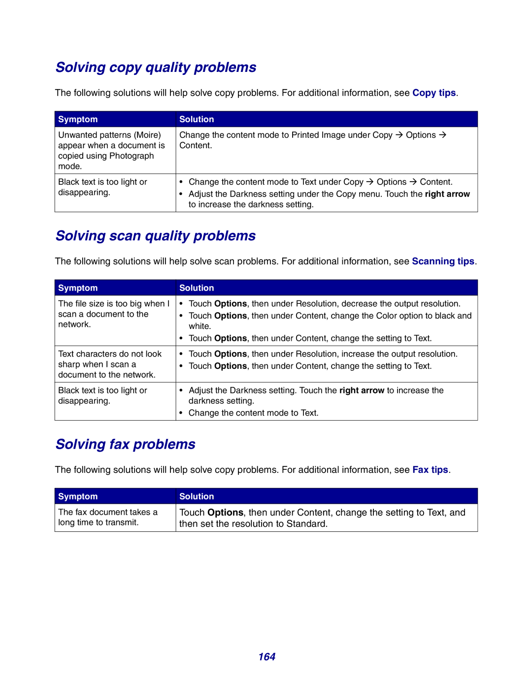 Lexmark X642e Solving copy quality problems, Solving scan quality problems, Solving fax problems, 164, Symptom Solution 