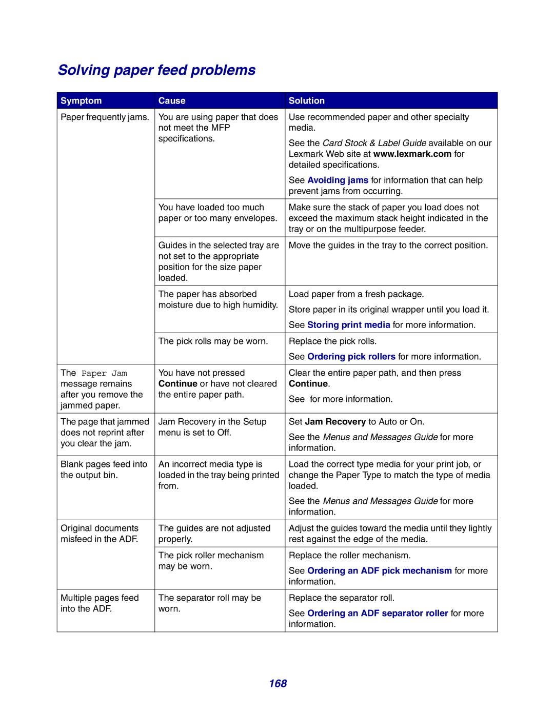 Lexmark X642e manual Solving paper feed problems, 168 