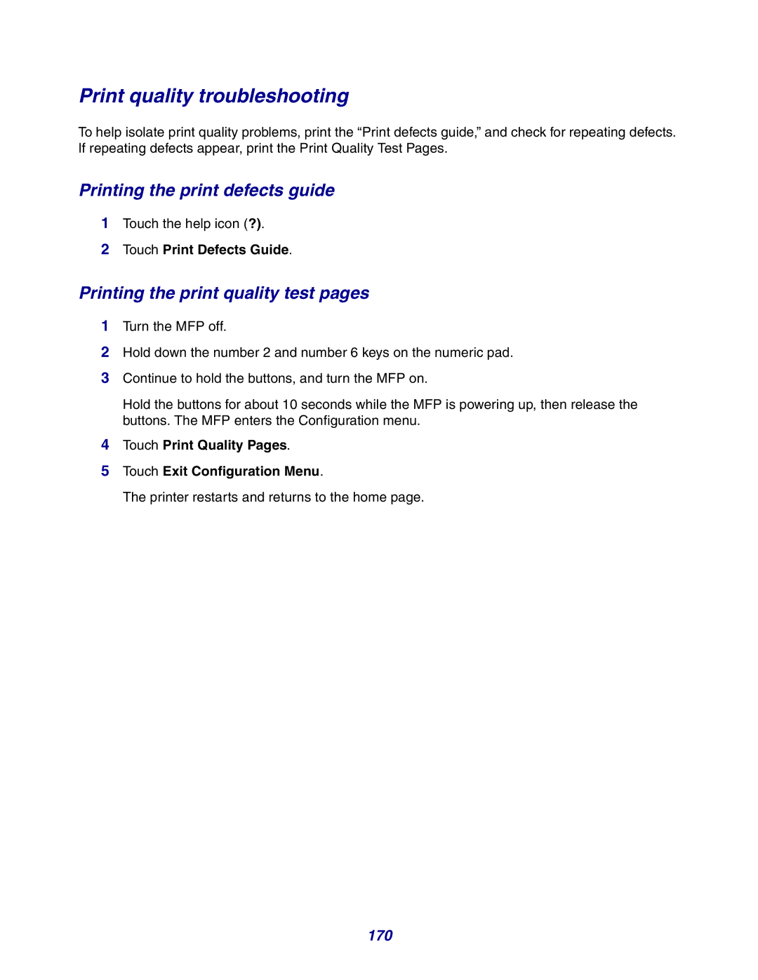 Lexmark X642e Print quality troubleshooting, Printing the print defects guide, Printing the print quality test pages, 170 